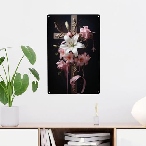 Serene Lily Cross Metal Wall Decor Tin Sign