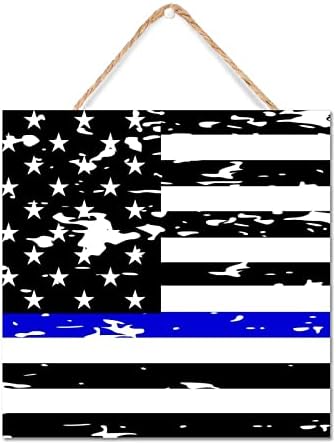 Thin Blue Line Black American Flag Wooden Sign 12x12in