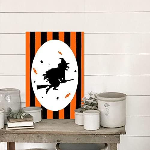 Wooden Halloween Sign with Orange Black Pumpkins Cat Witch