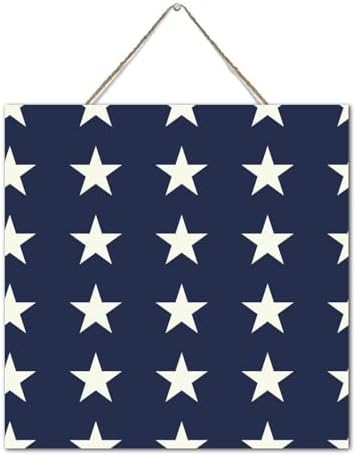 White And Blue Star 4th of July Wood Wall Sign 12x12 Inch