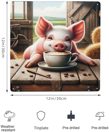 Retro Farmhouse Pig Coffee Time Tin Sign Wall Art Decor