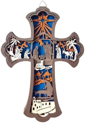 KOMI Wooden Wall Cross with Nativity Scene 9 Inch