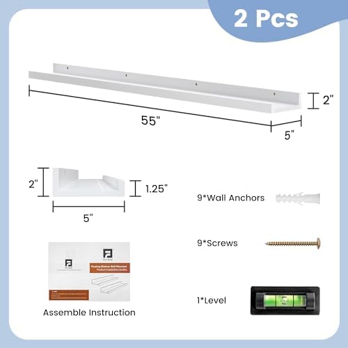 Picture Ledge Shelf Set of 2 White Solid Pine Wood Floating Shelves