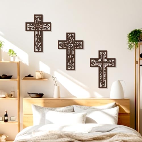 Bnesi 3 Pcs Wooden Cross Wall Decor Brown Crosses