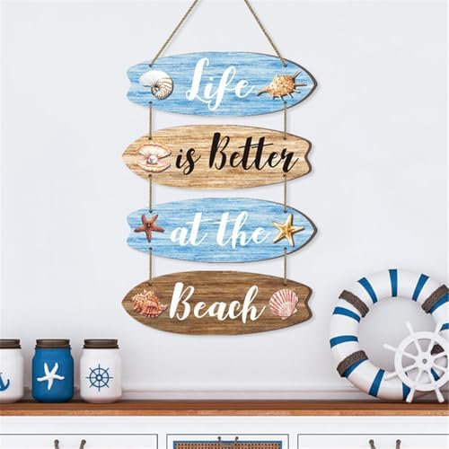 Wooden Beach Wall Decor Sign with Shells and Starfish