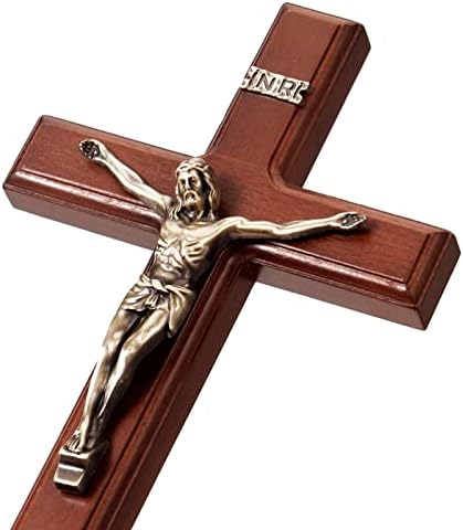 ARCHOBAN 12 Inch Wooden Wall Cross with Jesus Christ - Brown and Antique Brass