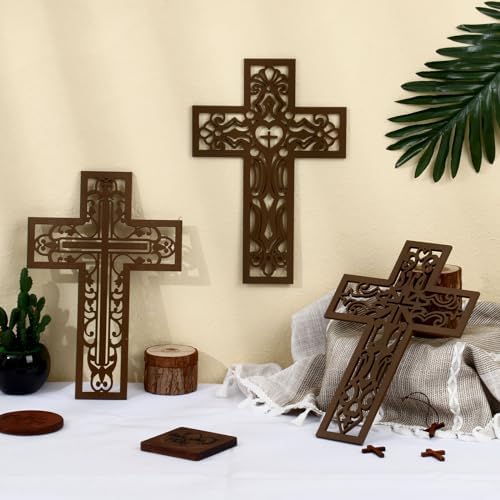 Bnesi 3 Pcs Wooden Cross Wall Decor Brown Crosses