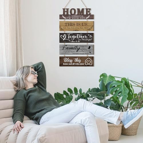 HLNIUC 5 Piece 3D Wood Family Quotes Wall Sign Set