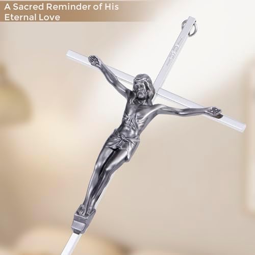ACHIBANG 10 Inch Silver Crucifix Wall Cross - Catholic Metal Cross with Jesus INRI