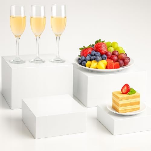 4 Piece White Acrylic Buffet Table Risers with Mini Sign Kit