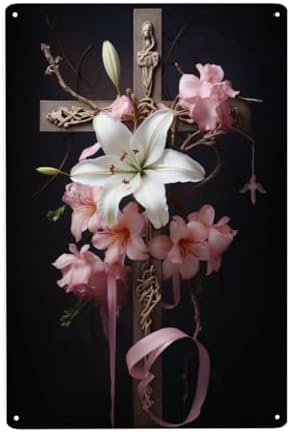 Serene Lily Cross Metal Wall Decor Tin Sign