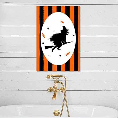 Wooden Halloween Sign with Orange Black Pumpkins Cat Witch