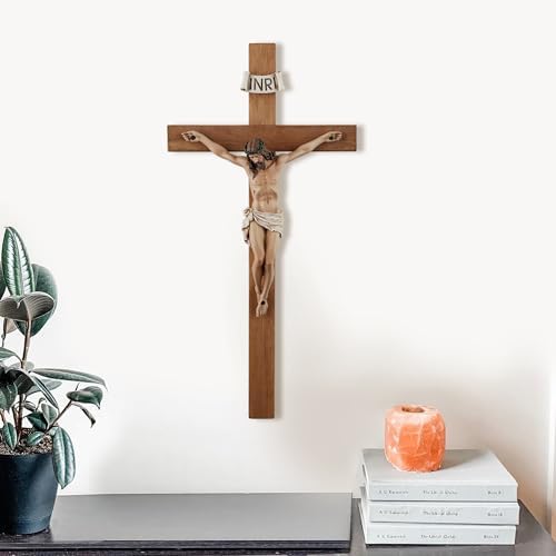 14 Inch Olive Wood Wall Cross with Painted Jesus