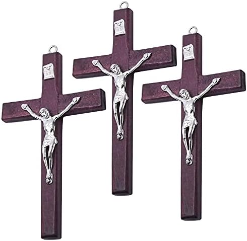 CHENGXIN Catholic Wall Cross 3 Pack Small Wooden Cross with Jesus