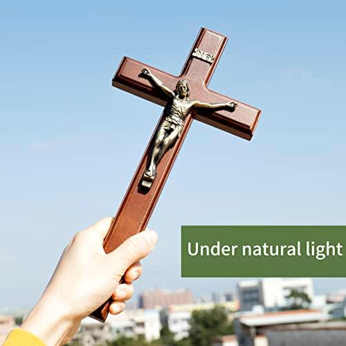ARCHOBAN 12 Inch Wooden Wall Cross with Jesus Christ - Brown and Antique Brass