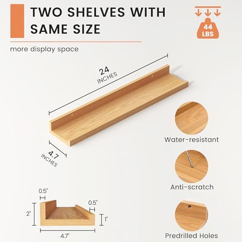 FLYJOE Floating Shelf Set of 2 24 Inches Natural Oak Bookshelf