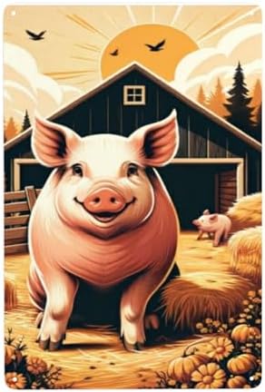 Farmhouse Metal Wall Art with Retro Pig Barnyard Tin Sign