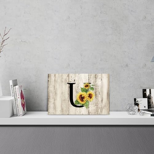 Sunflower U Monogram Wall Art Rustic Wood Plaque 12x18 Inch