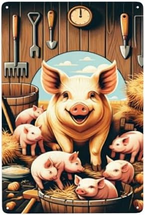 Rustic Barnyard Bliss Metal Wall Art Smiling Pig Piglets Tin Sign