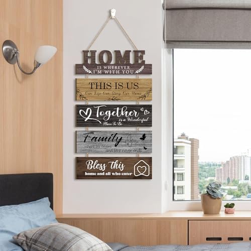 HLNIUC 5 Piece 3D Wood Family Quotes Wall Sign Set