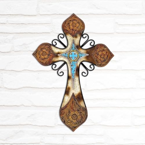 Rustic Western Style Wall Cross with Turquoise and Floral Design