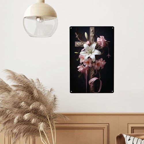Serene Lily Cross Metal Wall Decor Tin Sign
