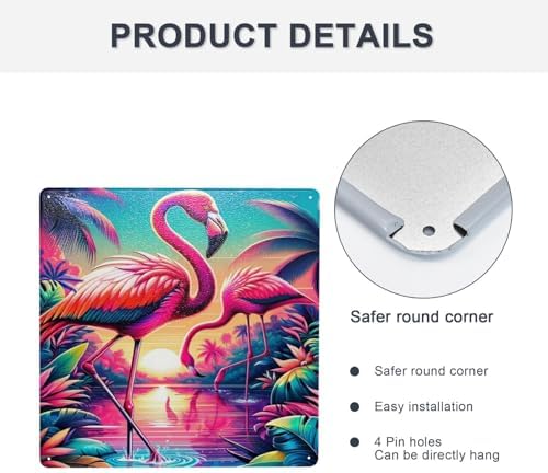 Tropical Sunset Flamingos Metal Wall Sign Decor