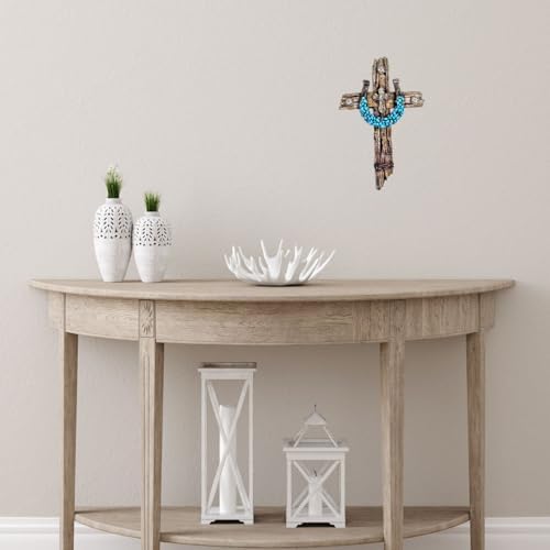 Rustic Drifted Wood Wall Cross with Turquoise Horseshoe