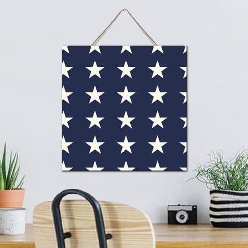 White And Blue Star 4th of July Wood Wall Sign 12x12 Inch