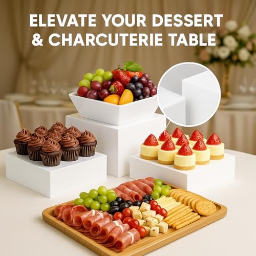 4 Piece White Acrylic Buffet Table Risers with Mini Sign Kit