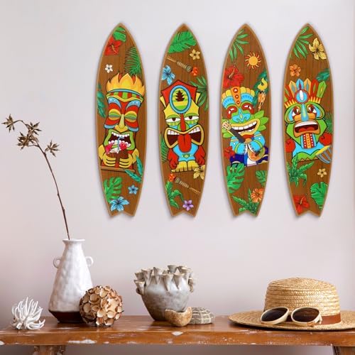 Blulu 4 Pcs Surfboard Wall Decor Wooden Tiki Sign