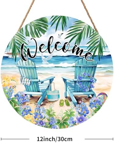 Welcome Summer Sea Chair Front Door Sign Wooden Wreath 12x12