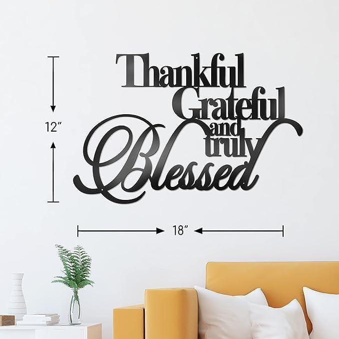 Thankful Grateful Blessed Wall Art Black 18x12 Metal Decor
