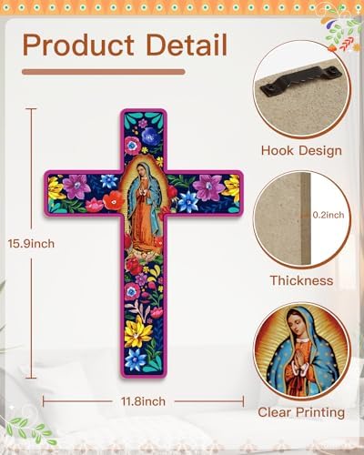 Floral Cross Wall Decor Mexican Style Wooden Art