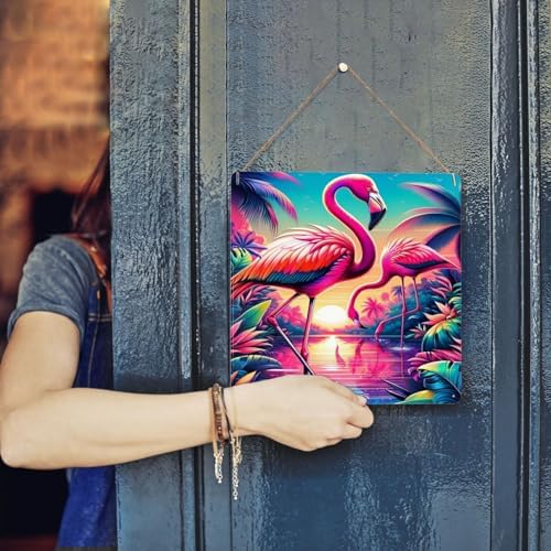Tropical Sunset Flamingos Metal Wall Sign Decor