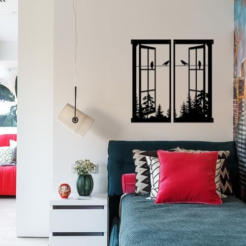 Resama Black Metal Wall Decor with Birds and Windows