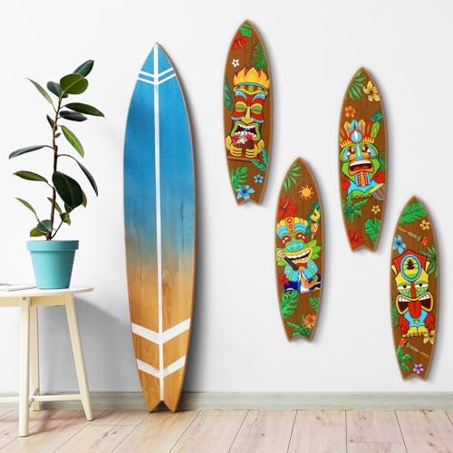 Blulu 4 Pcs Surfboard Wall Decor Wooden Tiki Sign