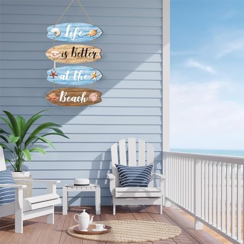 Wooden Beach Wall Decor Sign with Shells and Starfish