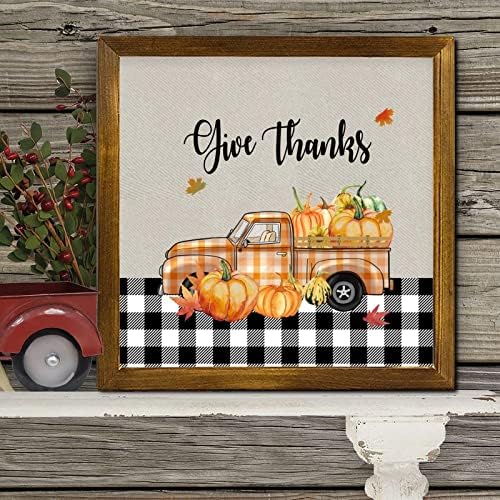 Give Thanks Pumpkin Orange Plaid Truck Wood Wall Sign 12x12 inch