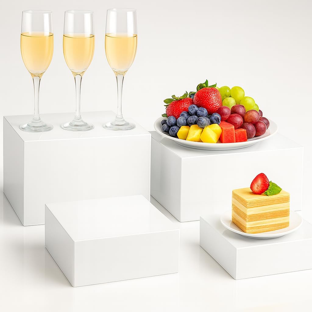 4 Piece White Acrylic Buffet Table Risers with Mini Sign Kit
