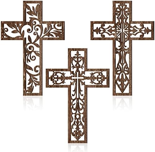Yookeer 3 Pcs Handmade Brown Wooden Wall Cross Decor
