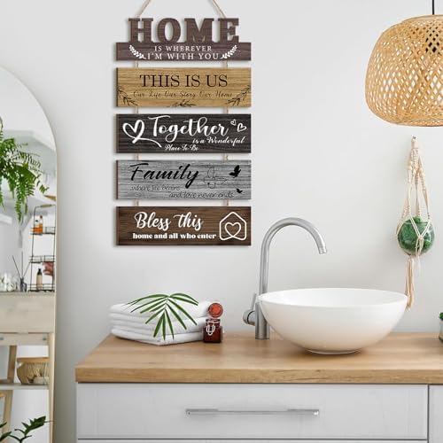 HLNIUC 5 Piece 3D Wood Family Quotes Wall Sign Set