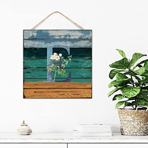 Rustic Wood Wall Sign Initial Letter E Blue Green