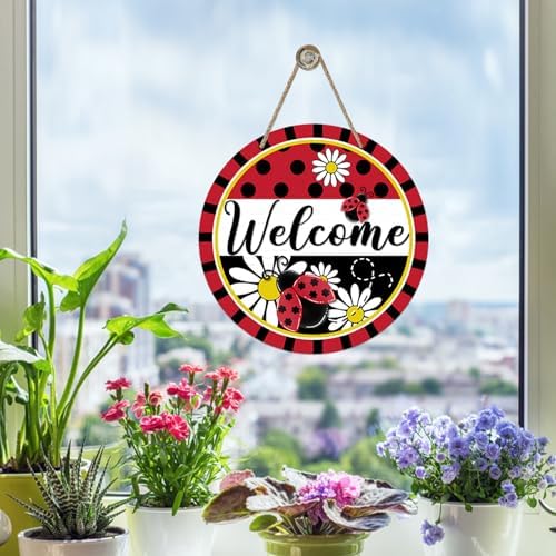 Welcome Spring Ladybug Front Door Sign Rustic Wood Decor