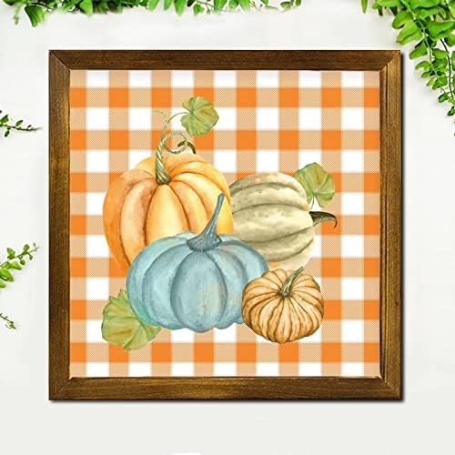 Farmhouse Pumpkin Watercolor Buffalo Plaid Framed Wooden Sign