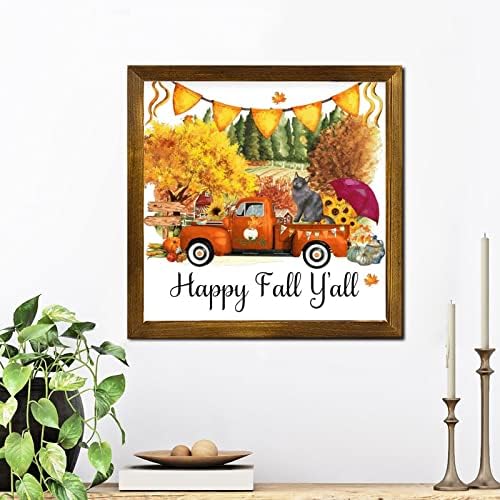 Happy Fall Yall Farm Flower Orange Truck Cat Framed Wood Sign