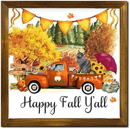 Happy Fall Yall Farm Flower Orange Truck Cat Framed Wood Sign