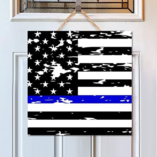 Thin Blue Line Black American Flag Wooden Sign 12x12in