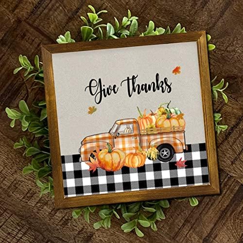 Give Thanks Pumpkin Orange Plaid Truck Wood Wall Sign 12x12 inch
