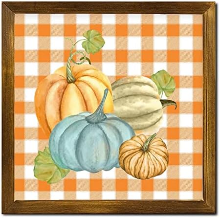 Farmhouse Pumpkin Watercolor Buffalo Plaid Framed Wooden Sign